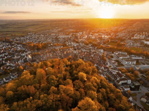 View from above of the town and forest in the golden autumn sunlight, Herrenberg, Germany, Europe