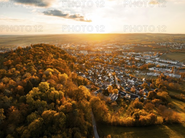 Cityscape at sunset, surrounded by autumnal trees in golden light, Herrenberg, Germany, Europe