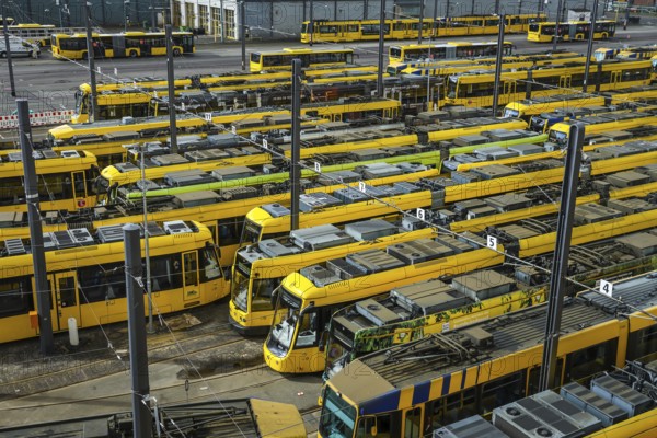Essen, North Rhine-Westphalia, Germany, Trams at Ruhrbahn depot, Verdi and EVG warning strike,