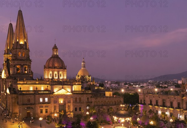 Mexico, Central Guadalajara Cathedral panoramic view in historic center Plaza de Armas, Central