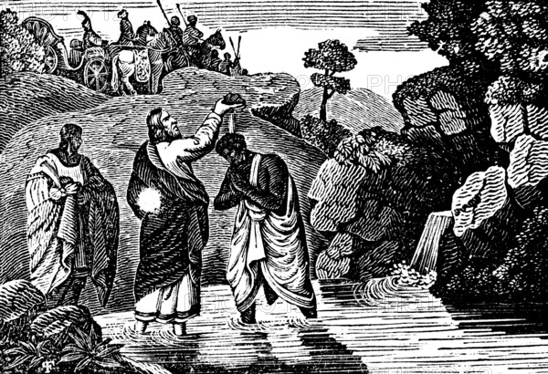 Philip baptising the chief chamberlain of Queen Kandaze of Moorland, New Testament, water spring,