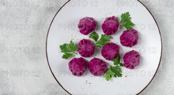 Beetroot khinkali, mini khinkali, purple, Georgian cuisine, no people