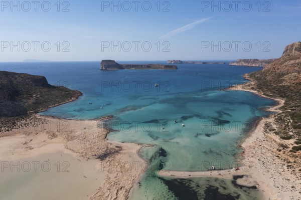 Drone shot, beach and bay of Balos, Gramvousa peninsula, Kolimbari, West Crete, Crete, Greece,