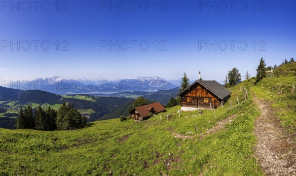 Hiking trail to the Ochsenberg and Eibleck past the Eibleckalm with Untersberg, Osterhorn group,