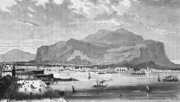 Landscape with city view of Palermo with the mountain Monte Pellegrino, capital of the