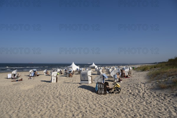 Beach chairs and tourists on the sandy beach, Ahlbeck, Usedom Island, Baltic Sea,