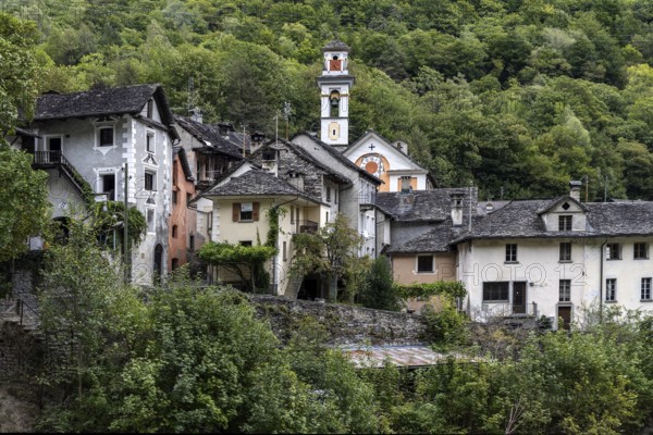 View of Prato with typical Ticino houses, Lavizzara, Canton Ticino, Switzerland, Europe