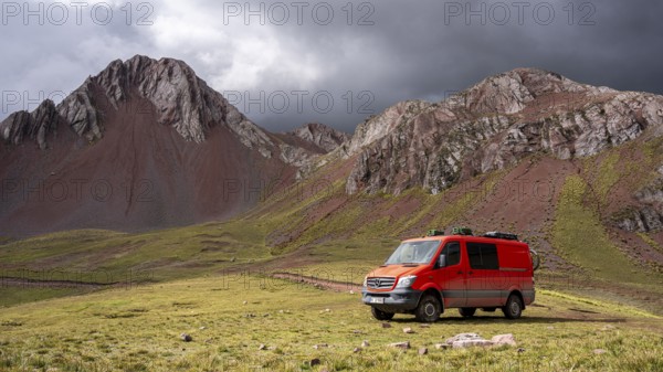 Offroad camper van in the Peruvian Andes, Pallay Punchu Rainbowmountain, Layo, Peru, South America