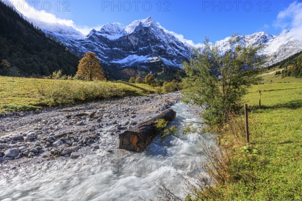 Wild river in front of snow-covered mountains, autumn, maple trees, sunny, Engalm, Großer