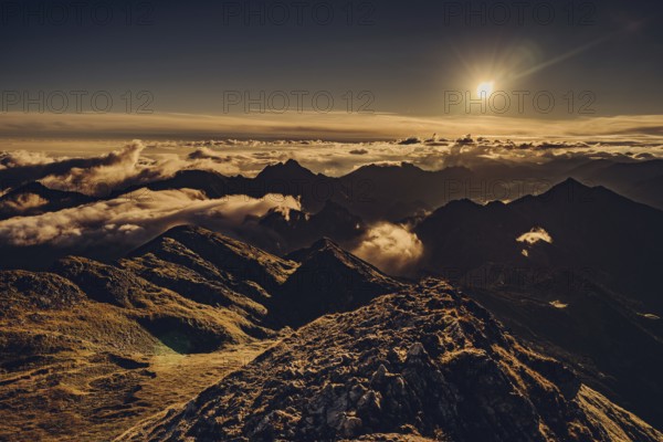 Sunrise hike on the Hochplatte in the Ammergau Alps, Ammergebirge in the Allgäu, Bavaria, Germany,