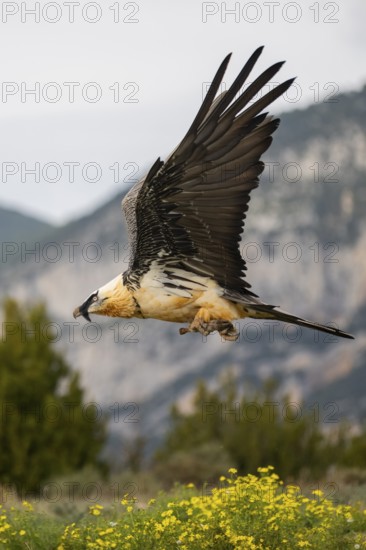 Bearded Vulture (Gypaetus barbatus) adult bird in flight with mountains in the backround, Pyrenees,