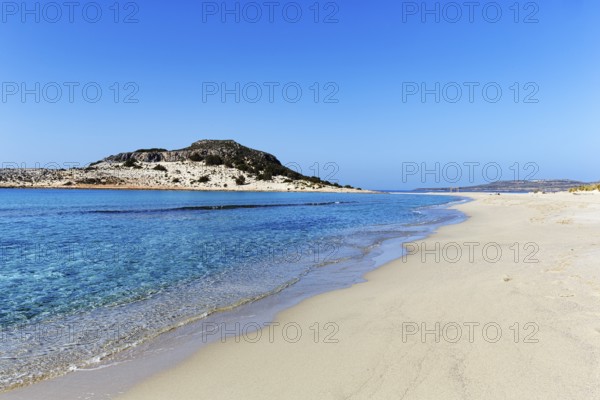 Crystal clear turquoise water, deserted dream beach in spring, Simos beach, Sarakiniko beach,
