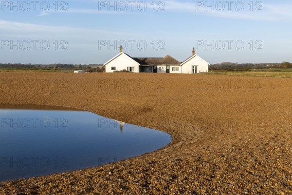 The Beacons bungalow house on beach at Shingle Street, Hollesley Bay, Suffolk, England, UK