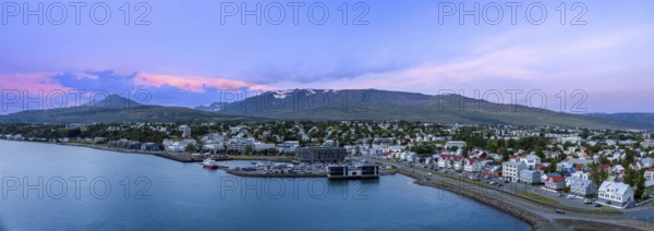Iceland, panoramic skyline view of Akureyri town and Eyjafjordur Fjord, Europe