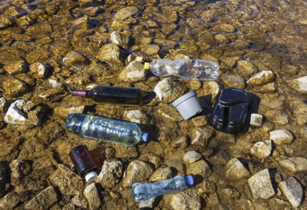 Environmental pollution, Household waste washed up on the lake shore, Plastic and glass bottles,