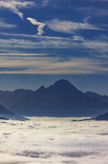 View from Schwarzenberg to a sea of fog in the Salzach valley with Watzmann, Osterhorn group,