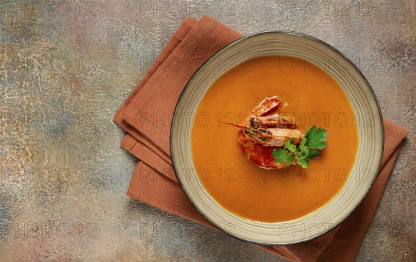 Shrimp cream soup, bisque soup, French cuisine, homemade, no people