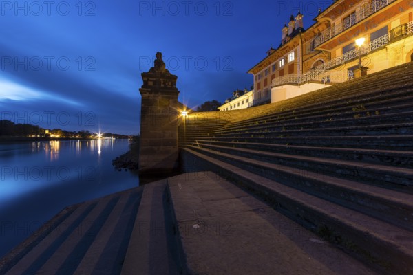 Staircase to the Elbe at the Water Palace of Pillnitz Castle at dusk, Dresden, Saxony, Germany,