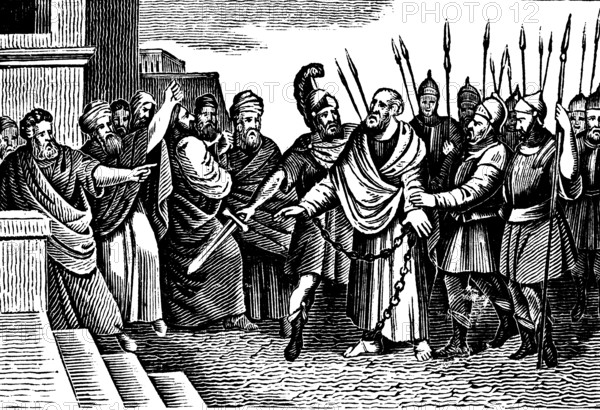 The apostle Paul tells the Jews in Jerusalem the story of his conversion to Christianity, soldiers
