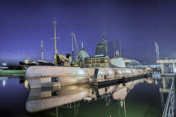 Harbour world illuminated night submarine Bremerhaven Germany