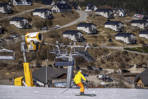 Winter sports area in the Sauerland, Winterberg ski lift carousel, artificial snow slopes,