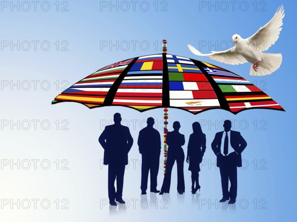 Symbolic image, dove of peace, peoples, flags, international understanding, peace, threat of war,