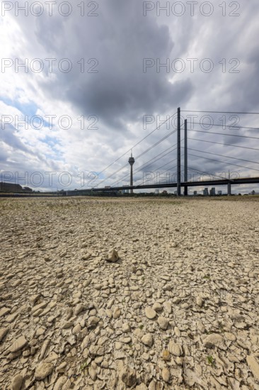 Düsseldorf, North Rhine-Westphalia, Germany, Dry riverbed in the Rhine in front of the