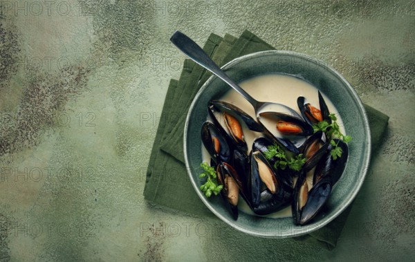 Mussels in shells, in creamy garlic sauce, mussels in bechamel sauce, homemade, no people