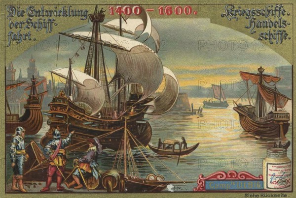 Picture series The development of shipping, warships and merchant ships, Liebig picture, digitally