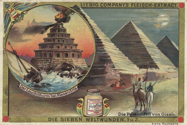 Picture series the seven wonders of the world, the pyramids of Giza and the lighthouse of