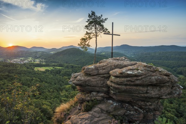 Sandstone rock with pine tree and summit cross, Rötzenfelsen, sunrise, Gossersweiler-Stein,