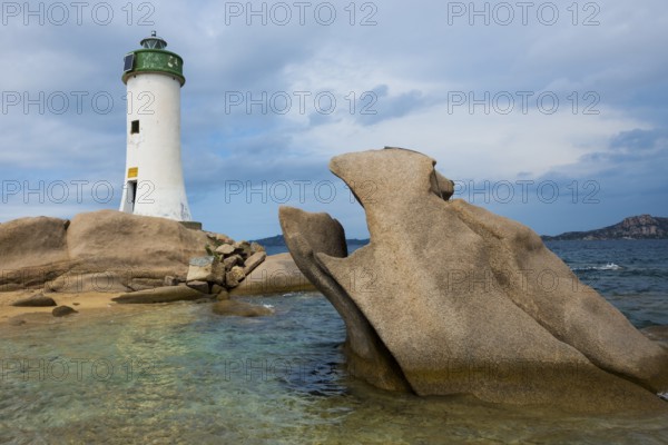 Lighthouse with beach and bizarre granite rocks, Spiaggia Porto Faro, Faro di Punta Palau, Palau,