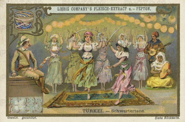 Picture series Dances of the World, sword dance from Turkey, Liebig picture, digitally restored