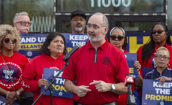 Detroit, Michigan USA, 30 October 2024, UAW President Shawn Fain addresses the crowd as members of