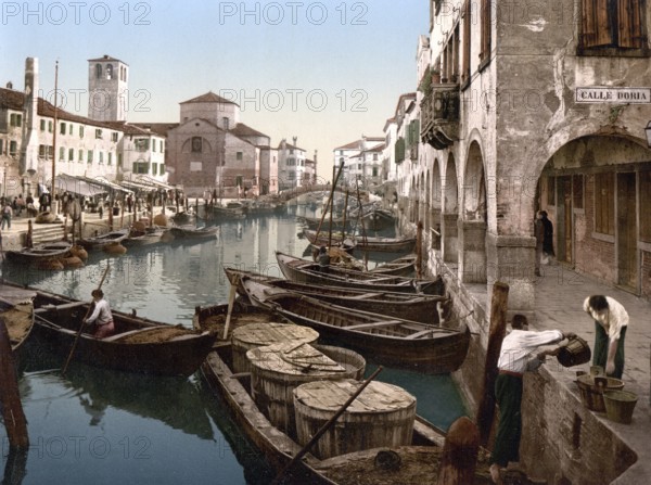 Chioggia, fish market, Venice, Italy, Historic, digitally restored reproduction from a 19th century