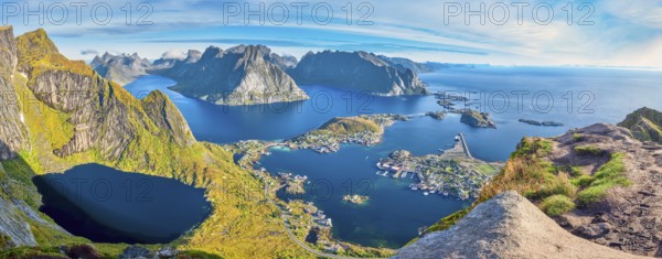 View from Reinebringen, Reinebriggen, Hamnoy, Reine and the Reinefjord with Bergen, Moskenes,