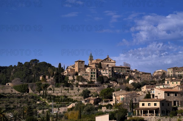 View of the mountain village of Valldemossa, Church Iglesia de la Cartuja, Real Cartuja (Royal