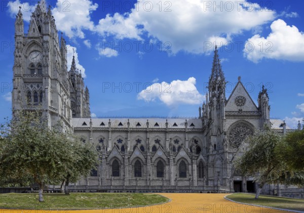 Cathedral Basilica of National Vow in historic center of Quito, Ecuador. Roman catholic church