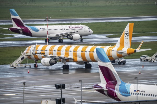 Düsseldorf Airport, Eurowings, Condor aircraft on the apron, Eurowings Airbus on the taxiway for