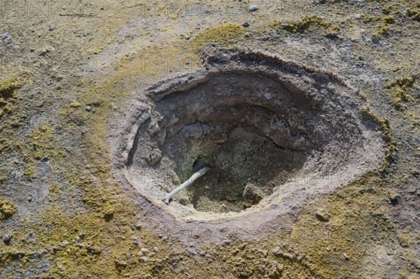 Close-up of a dry crater surrounded by earthy and yellow-grey tones, volcanism, volcanic island,