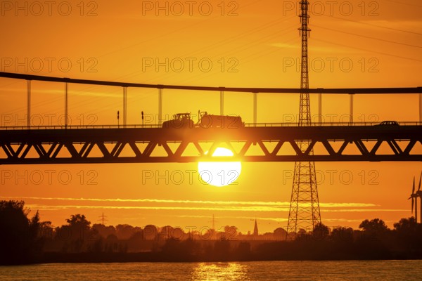 Traffic on the Rhine bridge Emmerich, federal road B220, evening light, with 803 m the longest