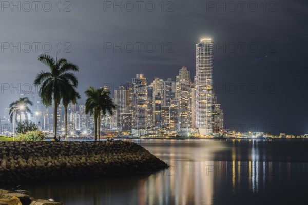 Panama City skyline at night, Cinta Costera Park, Panama City, Panama, Central America