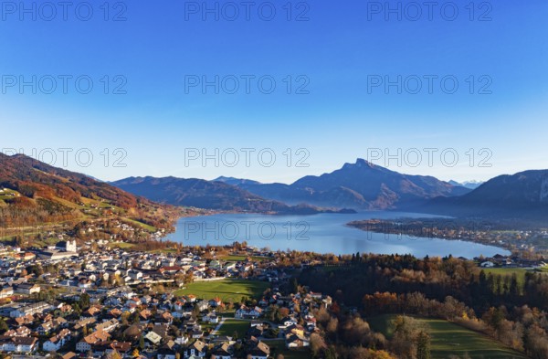 Drone shot, panorama, autumn landscape, Mondsee with Schafberg, Mondseeland, Salzkammergut, Upper