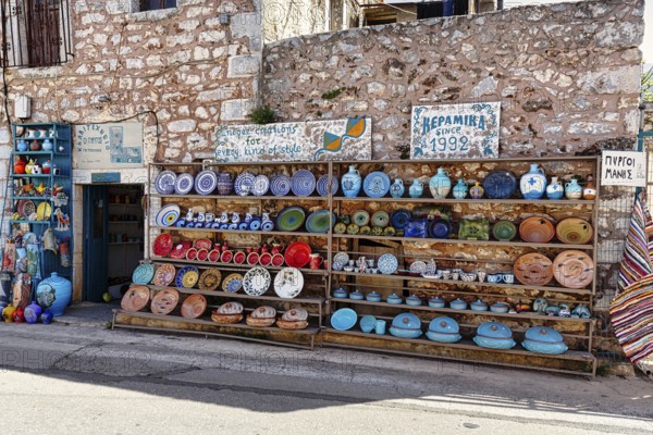 Colourful outdoor pottery, pottery, souvenir shop in the village of Pyrgos Dirou, Mani, Greece,