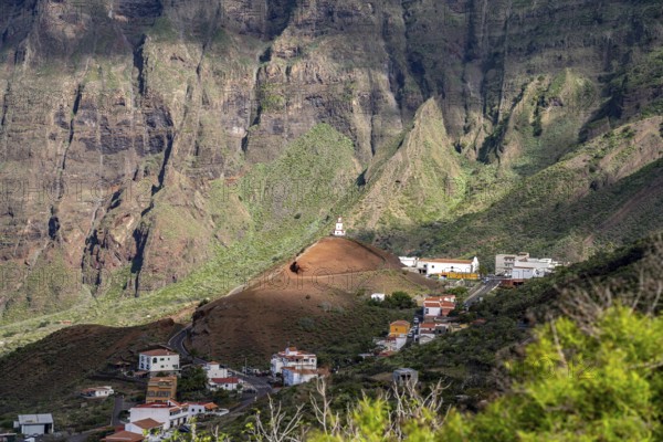 The valley of El Golfo with the church of Nuestra Senora de Candelaria, La Frontera, El Hierro,