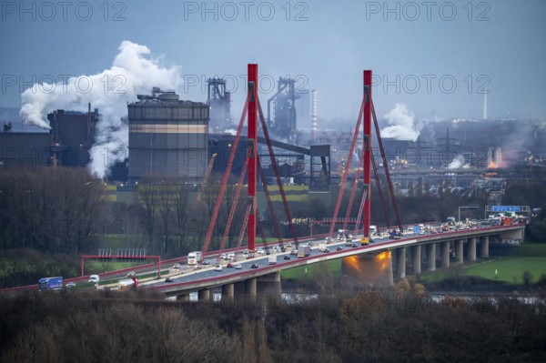 Thyssenkrupp Steel steelworks, blast furnaces 8 and 9, gasometer, motorway bridge of the A42 over