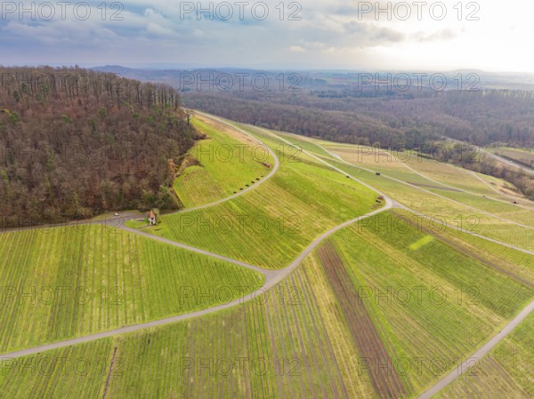 Landscape with green fields, hills and forests, criss-crossed by roads, Großbottwar, Ludwigsburg