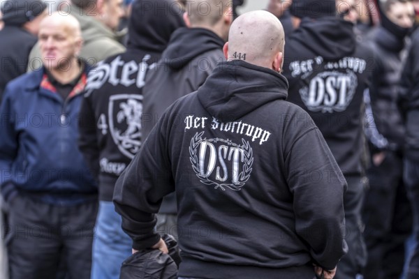 The neo-Nazi group Jung und Stark, JS, demonstrates in the city centre of Essen, demanding the