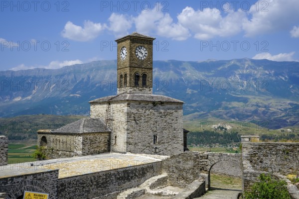 City of Gjirokastra, Gjirokastra, Albania, clock tower, castle of the mountain city of Gjirokastra,