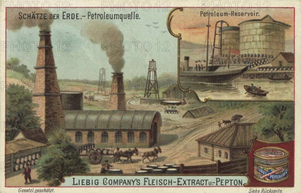 Picture series Treasures of the Earth, petroleum well in America, Liebig picture, digitally